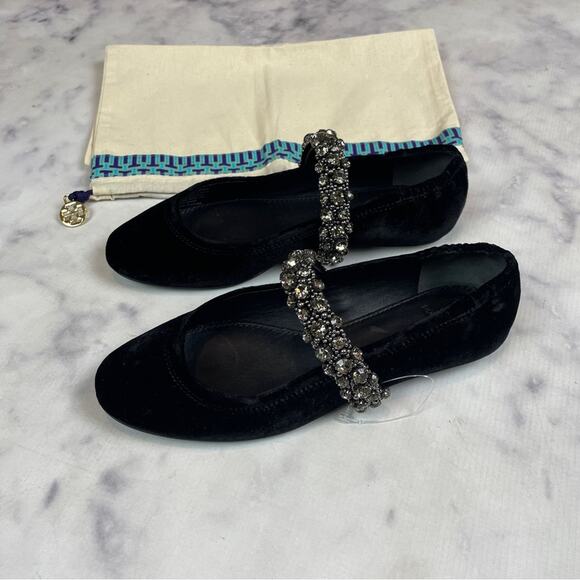 Tory Burch Crystal Strap Black Velvet Ballet Flats Mary Jane Sz 6.5 NWOB - Picture 5 of 9